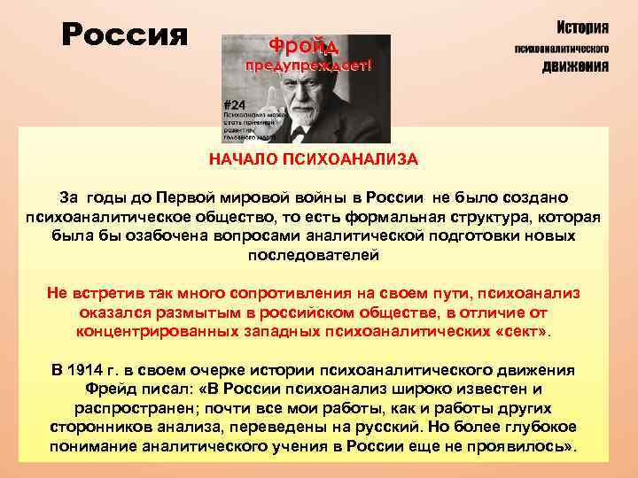 Россия НАЧАЛО ПСИХОАНАЛИЗА За годы до Первой мировой войны в России не было создано