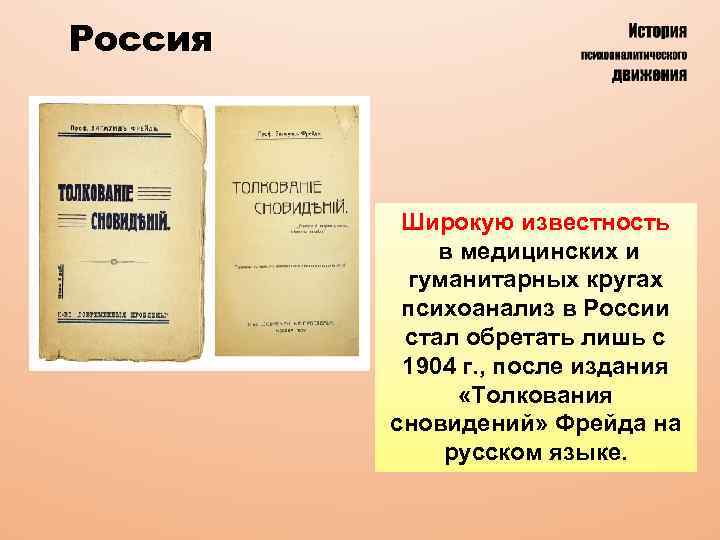 Россия Широкую известность в медицинских и гуманитарных кругах психоанализ в России стал обретать лишь