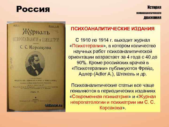 Россия ПСИХОАНАЛИТИЧЕСКИЕ ИЗДАНИЯ С 1910 по 1914 г. выходит журнал «Психотерапия» , в котором