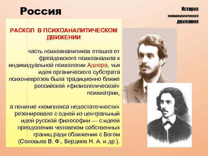 Россия РАСКОЛ В ПСИХОАНАЛИТИЧЕСКОМ ДВИЖЕНИИ часть психоаналитиков отошла от фрейдовского психоанализа к индивидуальной психологии