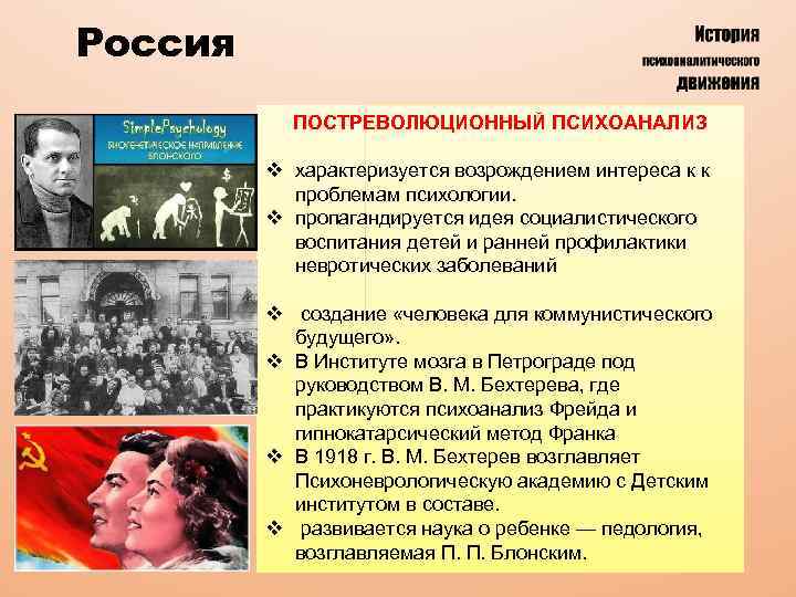 Россия ПОСТРЕВОЛЮЦИОННЫЙ ПСИХОАНАЛИЗ v характеризуется возрождением интереса к к проблемам психологии. v пропагандируется идея