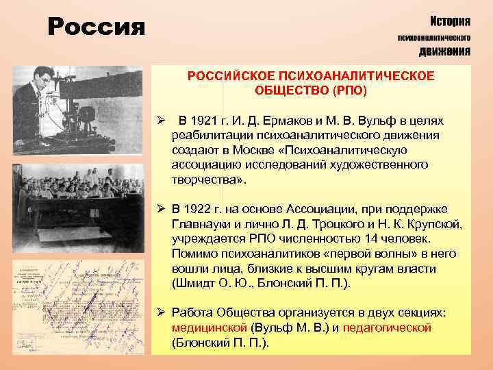 Россия РОССИЙСКОЕ ПСИХОАНАЛИТИЧЕСКОЕ ОБЩЕСТВО (РПО) Ø В 1921 г. И. Д. Ермаков и М.