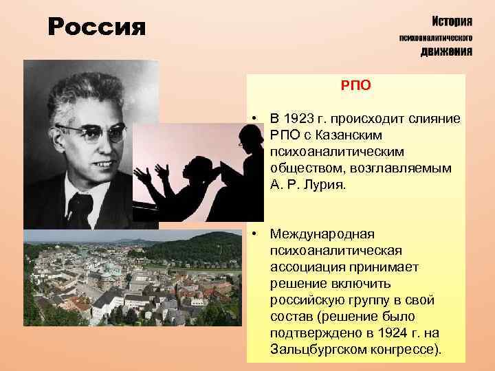 Россия РПО • В 1923 г. происходит слияние РПО с Казанским психоаналитическим обществом, возглавляемым