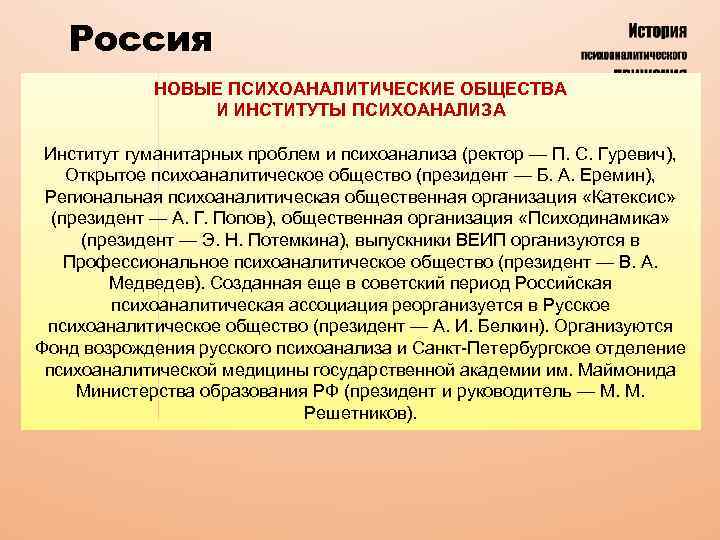 Россия НОВЫЕ ПСИХОАНАЛИТИЧЕСКИЕ ОБЩЕСТВА И ИНСТИТУТЫ ПСИХОАНАЛИЗА Институт гуманитарных проблем и психоанализа (ректор —