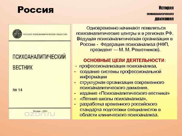 Россия Одновременно начинают появляться психоаналитические центры и в регионах РФ. Ведущая психоаналитическая организация в