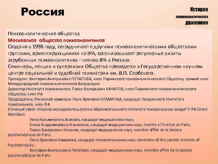 Россия Психоаналитические общества Московское общество психоаналитиков Создано в 1998 году, сотрудничает с другими психоаналитическими