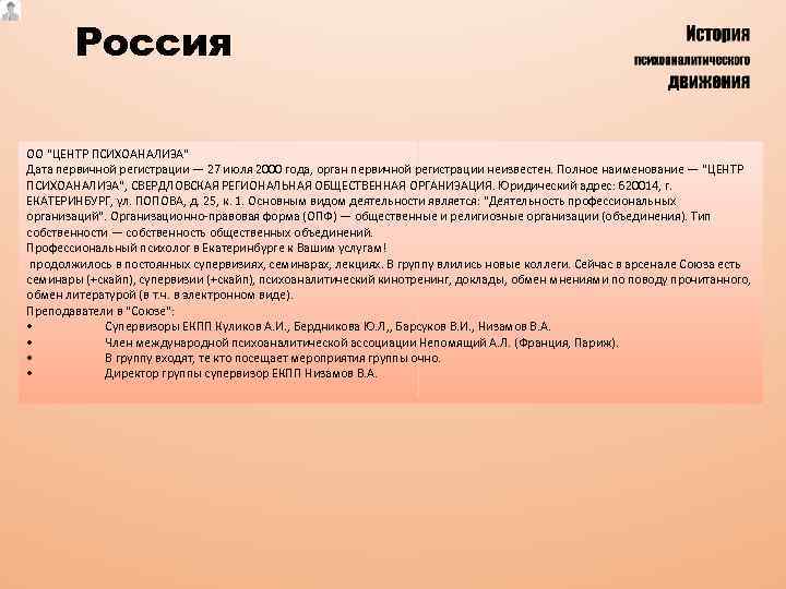 Россия ОО "ЦЕНТР ПСИХОАНАЛИЗА" Дата первичной регистрации — 27 июля 2000 года, орган первичной