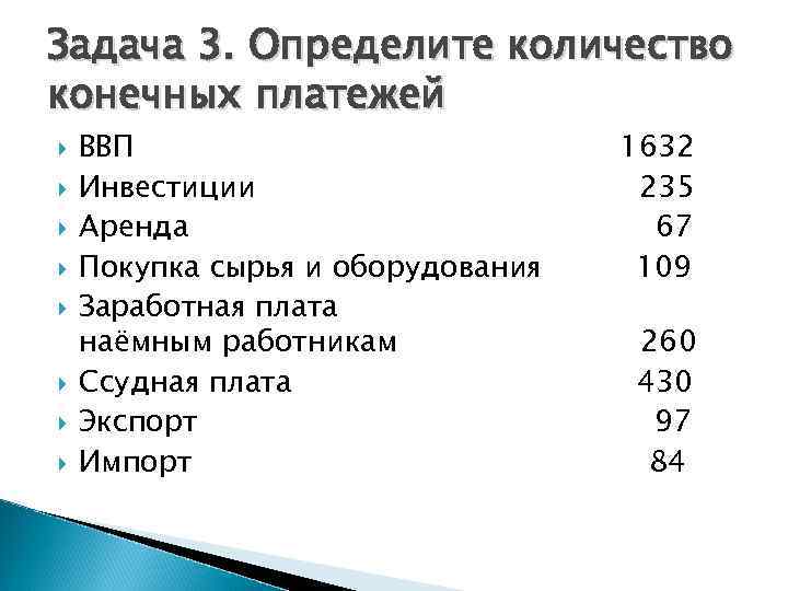 Задача 3. Определите количество конечных платежей ВВП Инвестиции Аренда Покупка сырья и оборудования Заработная