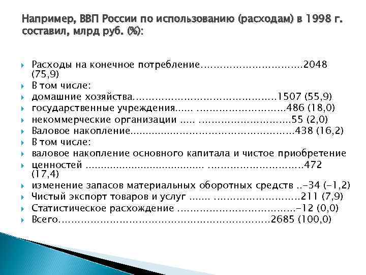 Например, ВВП России по использованию (расходам) в 1998 г. составил, млрд руб. (%): Расходы