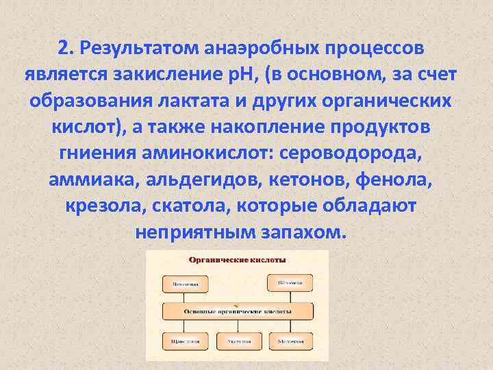 2. Результатом анаэробных процессов является закисление р. Н, (в основном, за счет образования лактата