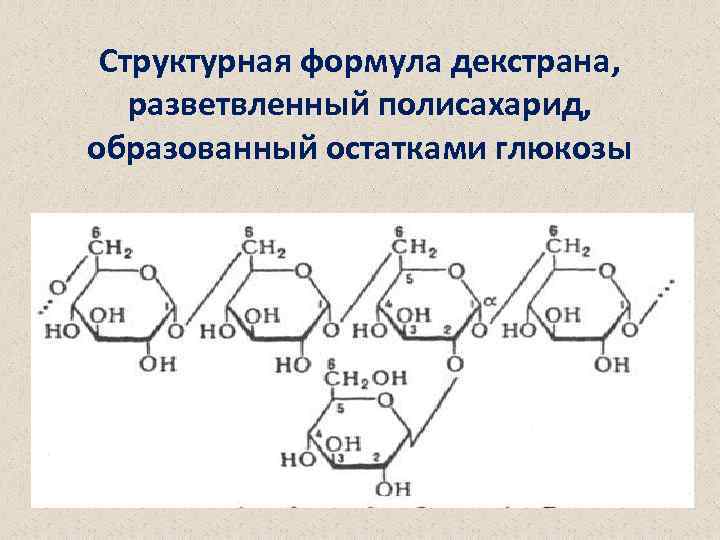 Структурная формула декстрана, разветвленный полисахарид, образованный остатками глюкозы 