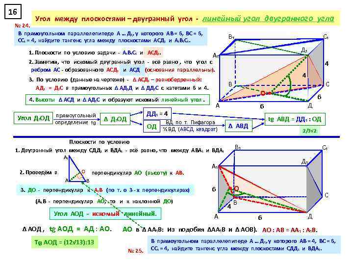 16 Угол между плоскостями – двугранный угол - линейный угол двугранного угла № 24.