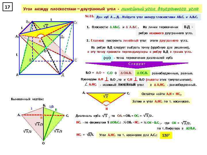 17 Угол между плоскостями – двугранный угол - линейный угол двугранного угла В₁ √—