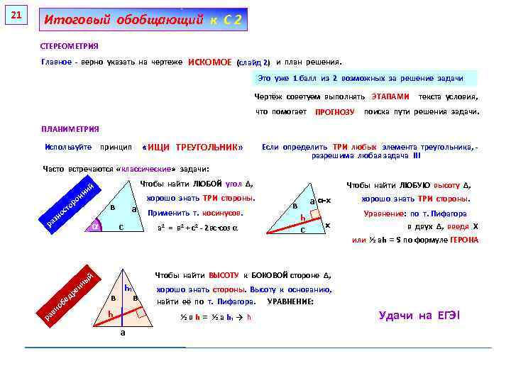 21 Итоговый обобщающий к С 2 СТЕРЕОМЕТРИЯ Главное - верно указать на чертеже ИСКОМОЕ
