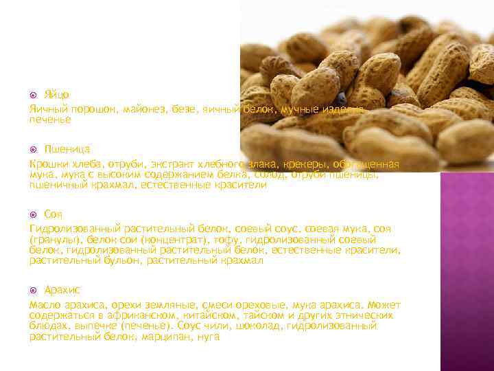 Яйцо Яичный порошок, майонез, безе, яичный белок, мучные изделия, печенье Пшеница Крошки хлеба, отруби,