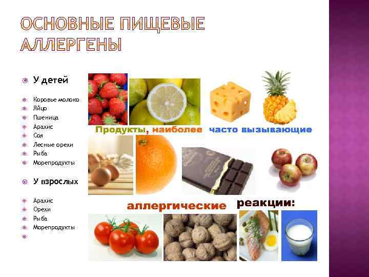  У детей Коровье молоко Яйцо Пшеница Арахис Соя Лесные орехи Рыба Морепродукты У