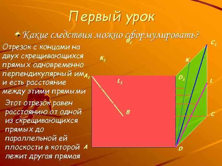 Первый урок Какие следствия можно сформулировать? B Отрезок с концами на двух скрещивающихся прямых