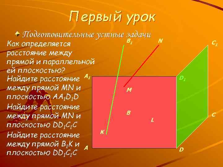 Первый урок Подготовительные устные задачи Как определяется расстояние между прямой и параллельной ей плоскостью?