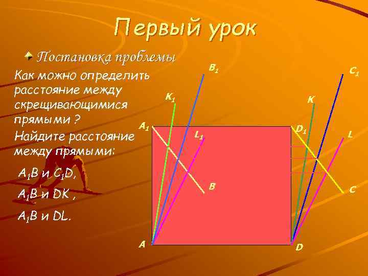 Первый урок Постановка проблемы Как можно определить расстояние между скрещивающимися прямыми ? A 1