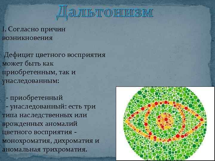 Дальтонизм I. Согласно причин возникновения Дефицит цветного восприятия может быть как приобретенным, так и