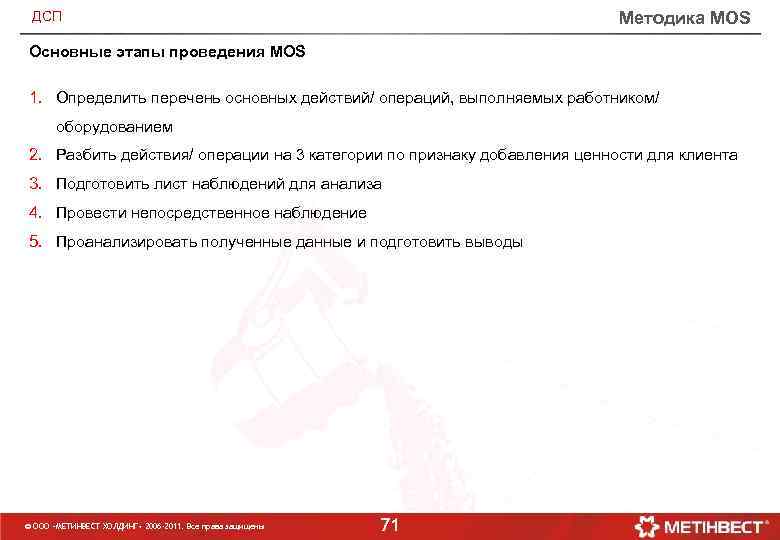 Методика MOS ДСП Основные этапы проведения MOS 1. Определить перечень основных действий/ операций, выполняемых