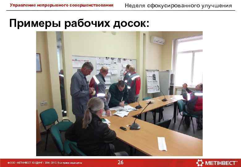Неделя сфокусированного улучшения Управление непрерывного совершенствования Примеры рабочих досок: © ООО «МЕТИНВЕСТ ХОЛДИНГ» 2006