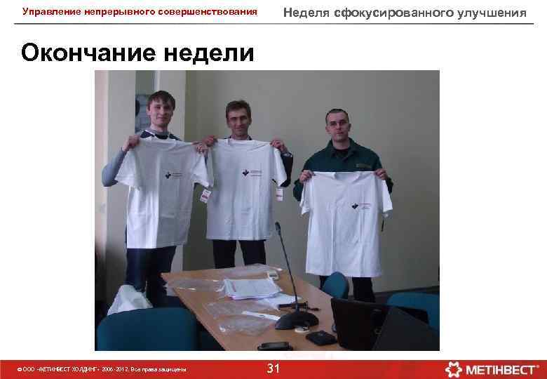 Неделя сфокусированного улучшения Управление непрерывного совершенствования Окончание недели © ООО «МЕТИНВЕСТ ХОЛДИНГ» 2006 -2012.