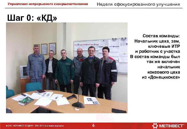 Неделя сфокусированного улучшения Управление непрерывного совершенствования Шаг 0: «КД» Состав команды: Начальник цеха, зам,