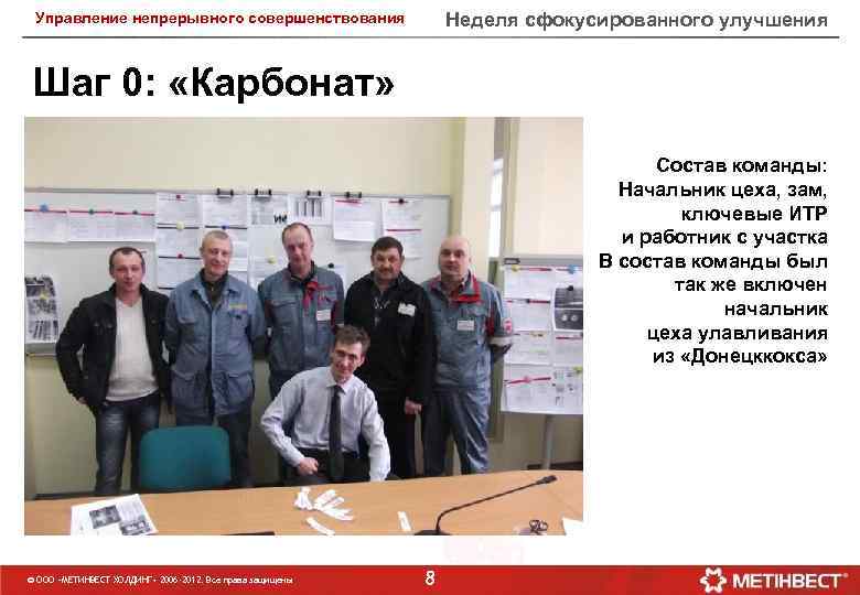 Неделя сфокусированного улучшения Управление непрерывного совершенствования Шаг 0: «Карбонат» Состав команды: Начальник цеха, зам,