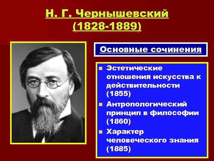 Н. Г. Чернышевский (1828 -1889) Основные сочинения Эстетические отношения искусства к действительности (1855) n