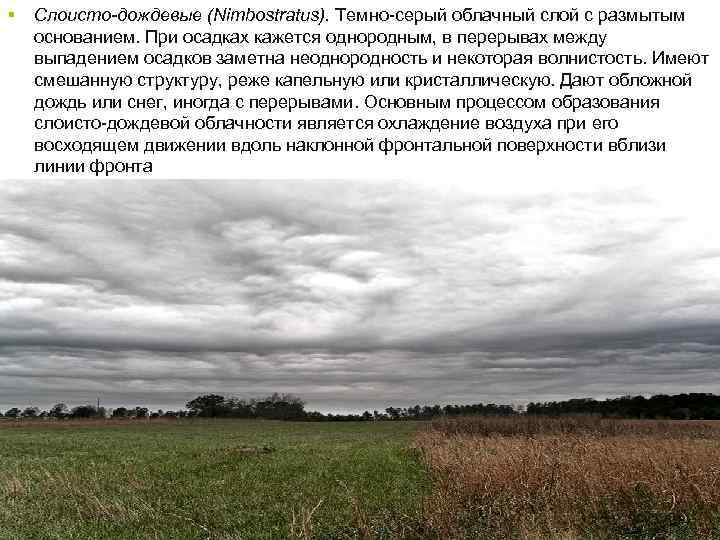 § Слоисто-дождевые (Nimbostratus). Темно-серый облачный слой с размытым основанием. При осадках кажется однородным, в