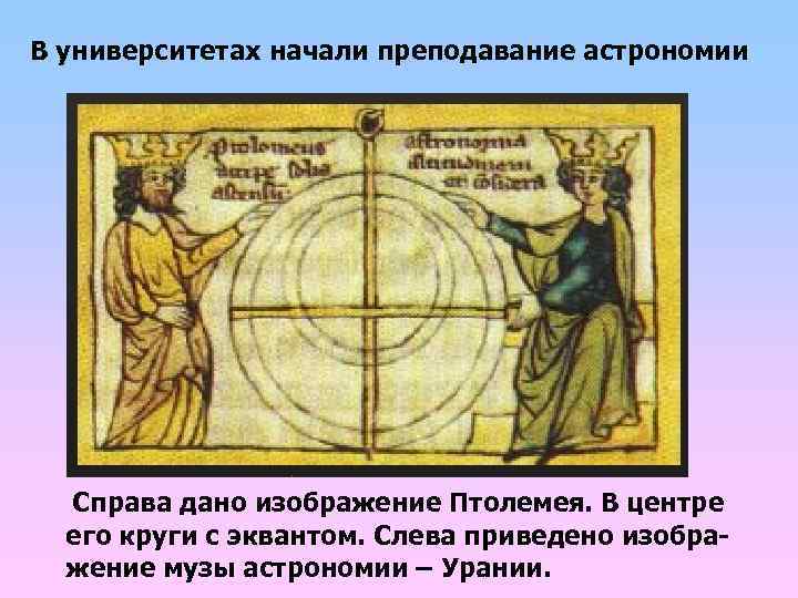 В университетах начали преподавание астрономии Справа дано изображение Птолемея. В центре его круги с