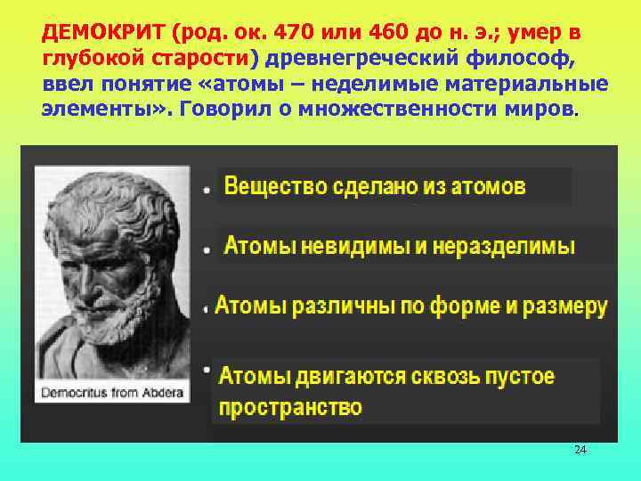 ДЕМОКРИТ (род. ок. 470 или 460 до н. э. ; умер в глубокой старости)