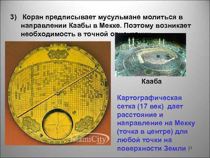 3) Коран предписывает мусульмане молиться в направлении Каабы в Мекке. Поэтому возникает необходимость в