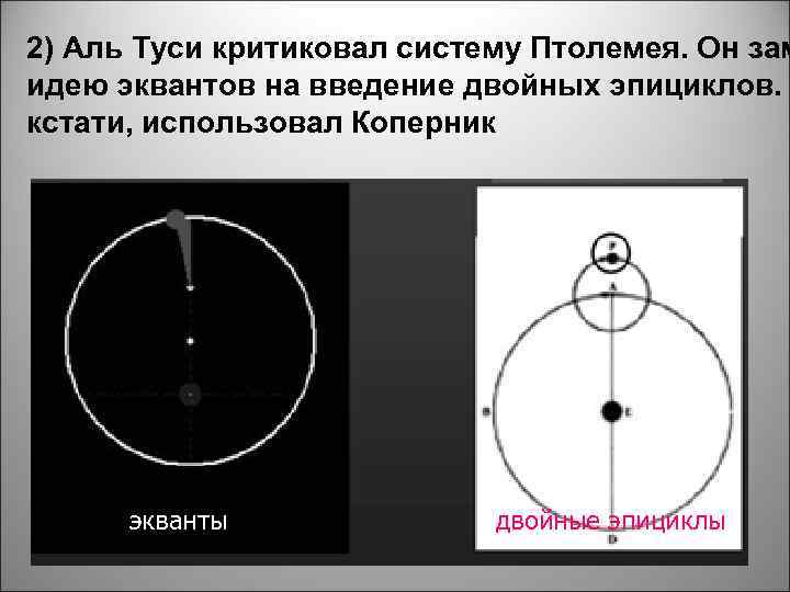 2) Аль Туси критиковал систему Птолемея. Он зам идею эквантов на введение двойных эпициклов.