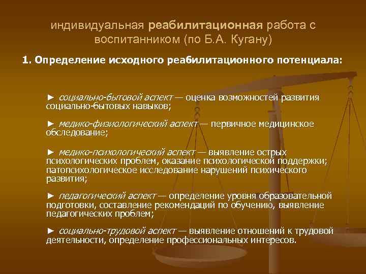 индивидуальная реабилитационная работа с воспитанником (по Б. А. Кугану) 1. Определение исходного реабилитационного потенциала: