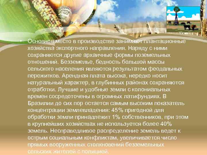  • Основное место в производстве занимают плантационные хозяйства экспортного направления. Наряду с ними