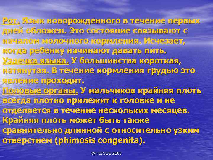 Рот. Язык новорожденного в течение первых дней обложен. Это состояние связывают с началом молочного