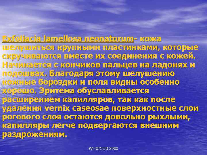 Exfoliacia lamellosa neonatorum- кожа шелушиться крупными пластинками, которые скручиваются вместе их соединения с кожей.