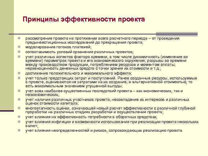 Принципы эффективности проекта n n n рассмотрение проекта на протяжении всего расчетного периода –