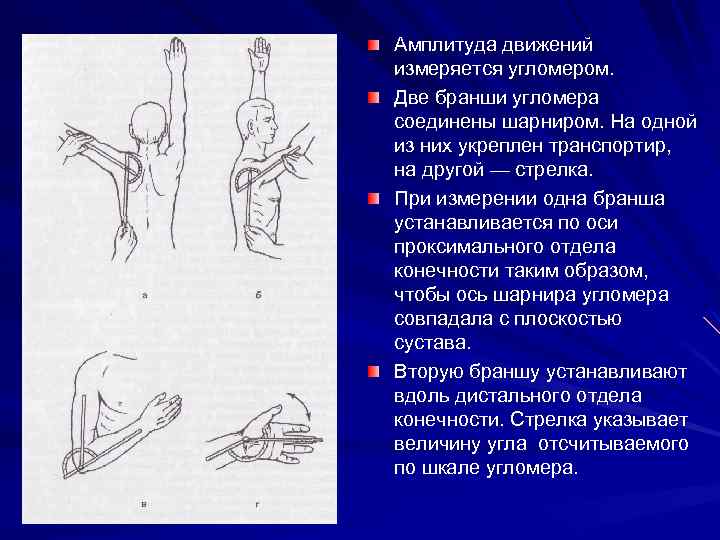 Амплитуда движений измеряется угломером. Две бранши угломера соединены шарниром. На одной из них укреплен