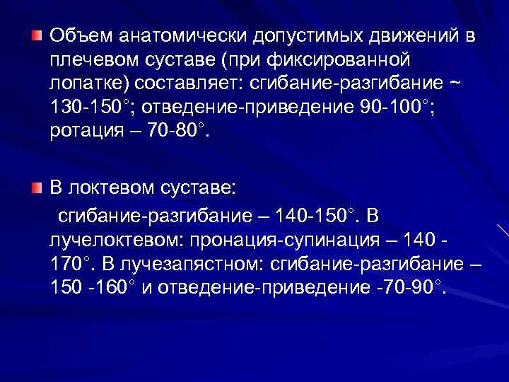 Объем анатомически допустимых движений в плечевом суставе (при фиксированной лопатке) составляет: сгибание разгибание ~