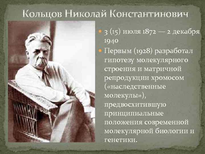 Кольцов Николай Константинович 3 (15) июля 1872 — 2 декабря 1940 Первым (1928) разработал
