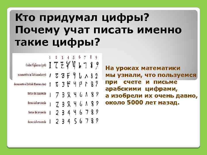 Кто придумал цифры? Почему учат писать именно такие цифры? На уроках математики мы узнали,