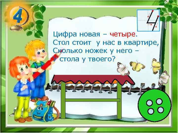Цифра новая – четыре. Стол стоит у нас в квартире, Сколько ножек у него