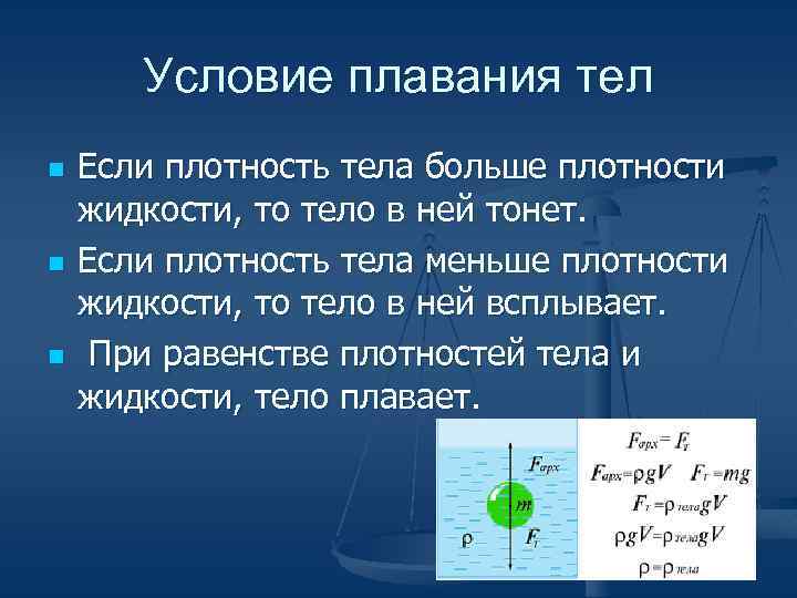Условие плавания тел n n n Если плотность тела больше плотности жидкости, то тело