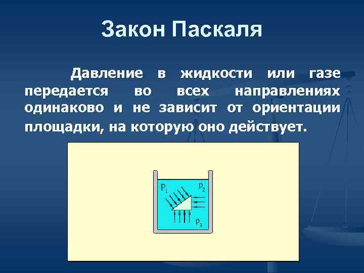 Закон Паскаля Давление в жидкости или газе передается во всех направлениях одинаково и не