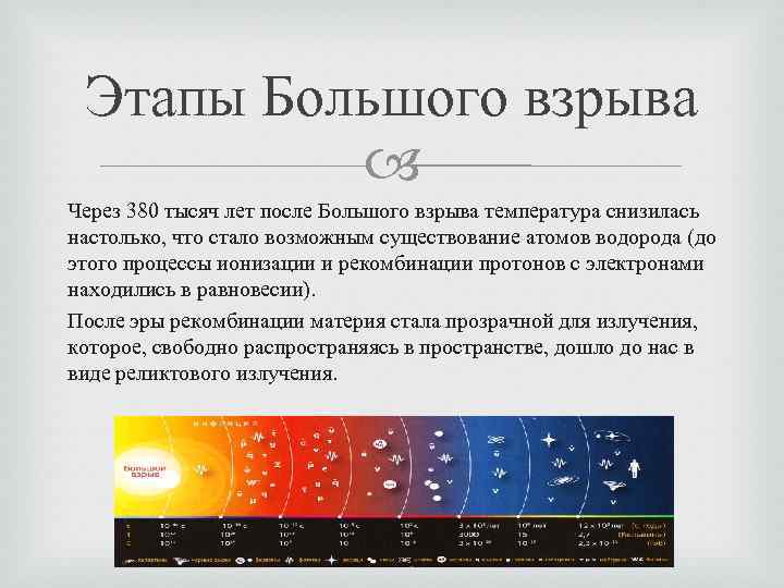 Этапы Большого взрыва Через 380 тысяч лет после Большого взрыва температура снизилась настолько, что