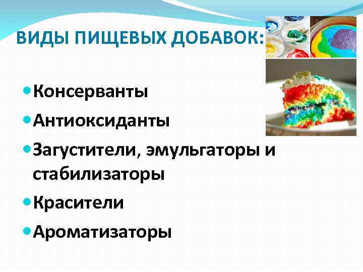 ВИДЫ ПИЩЕВЫХ ДОБАВОК: Консерванты Антиоксиданты Загустители, эмульгаторы и стабилизаторы Красители Ароматизаторы 