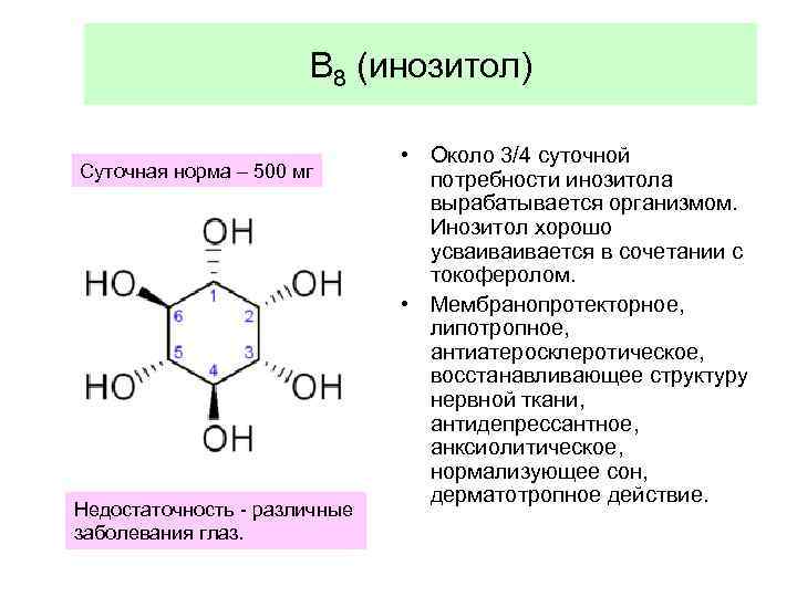 В 8 (инозитол) Суточная норма – 500 мг Недостаточность - различные заболевания глаз. •